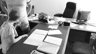 The boss fucks his tiny secretary on the office table and films it on hidden camera