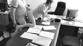 The boss fucks his tiny secretary on the office table and films it on hidden camera