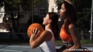 TWO GIRLS PUSSY BALL. Maryana Rose got horny during a basketball and seduced her ebony girlfriend into pussy licking and hot lesbian sex with powerful orgasm
