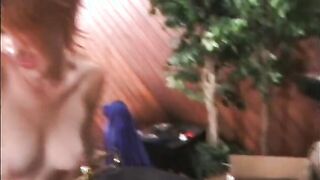 Slut with strap on fucks guy while he fucks another hot slut in FFFM group sex