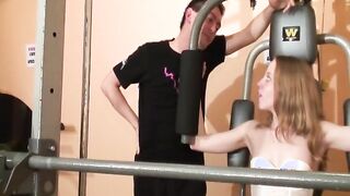 Beautiful French babe gets fucked by two dudes at the gym